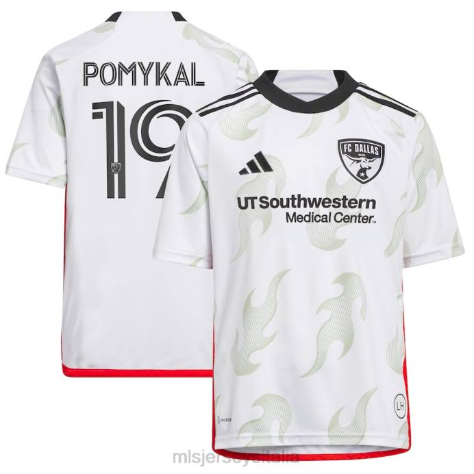 MLS Jerseys Maglia giocatore FC Dallas Paxton Pomykal adidas bianca 2023 Burn Baby Burn Replica bambini maglia ZB4R648